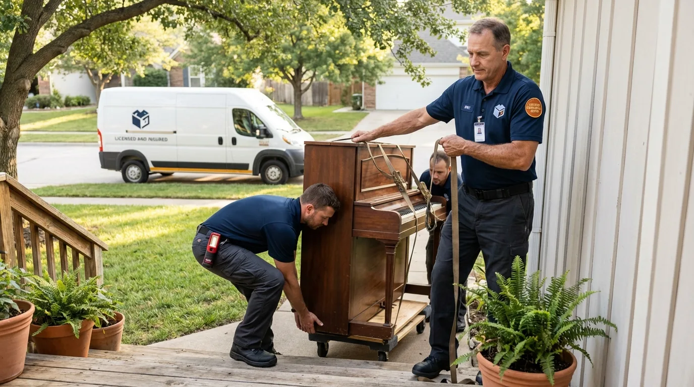 Licensed piano movers securing grand piano in Palo Alto, CA