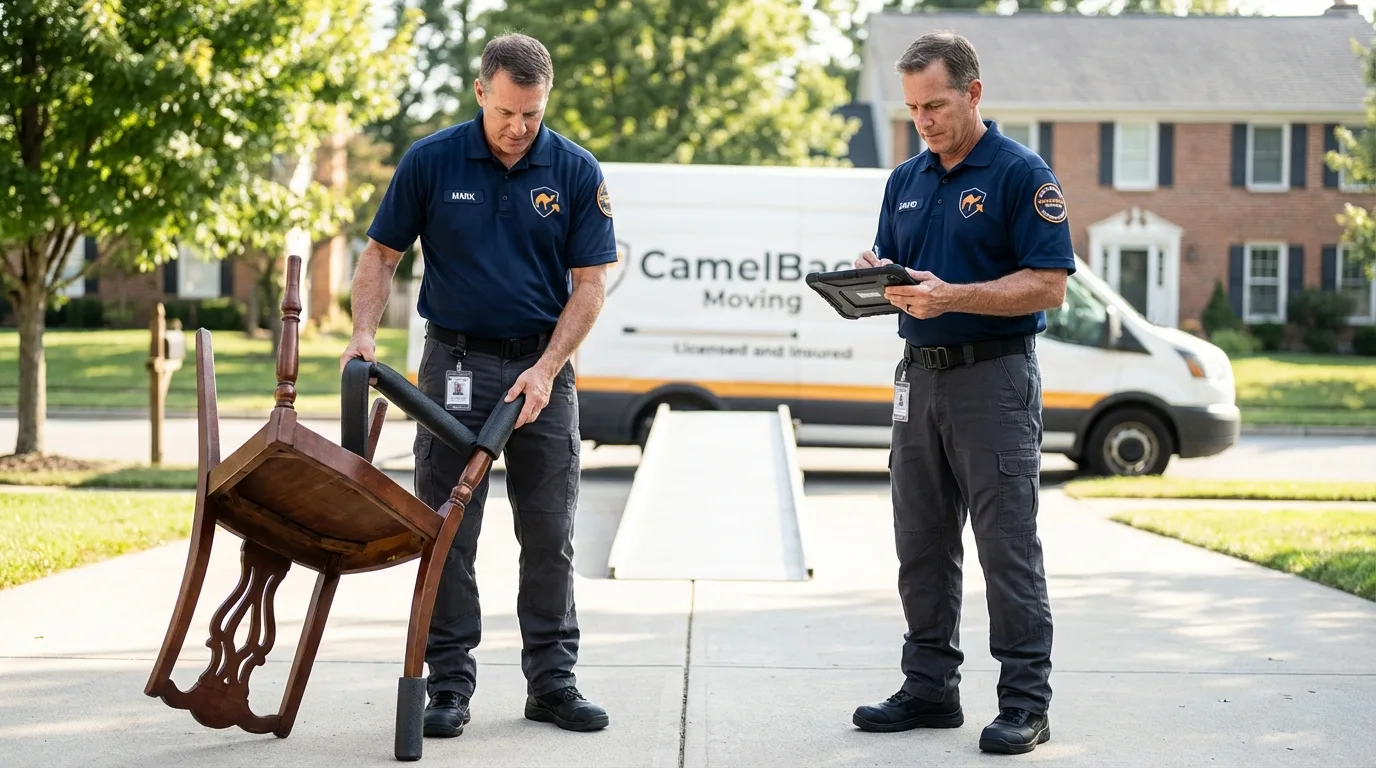 Movers inspecting furniture for damage prevention before loading in Palo Alto, CA