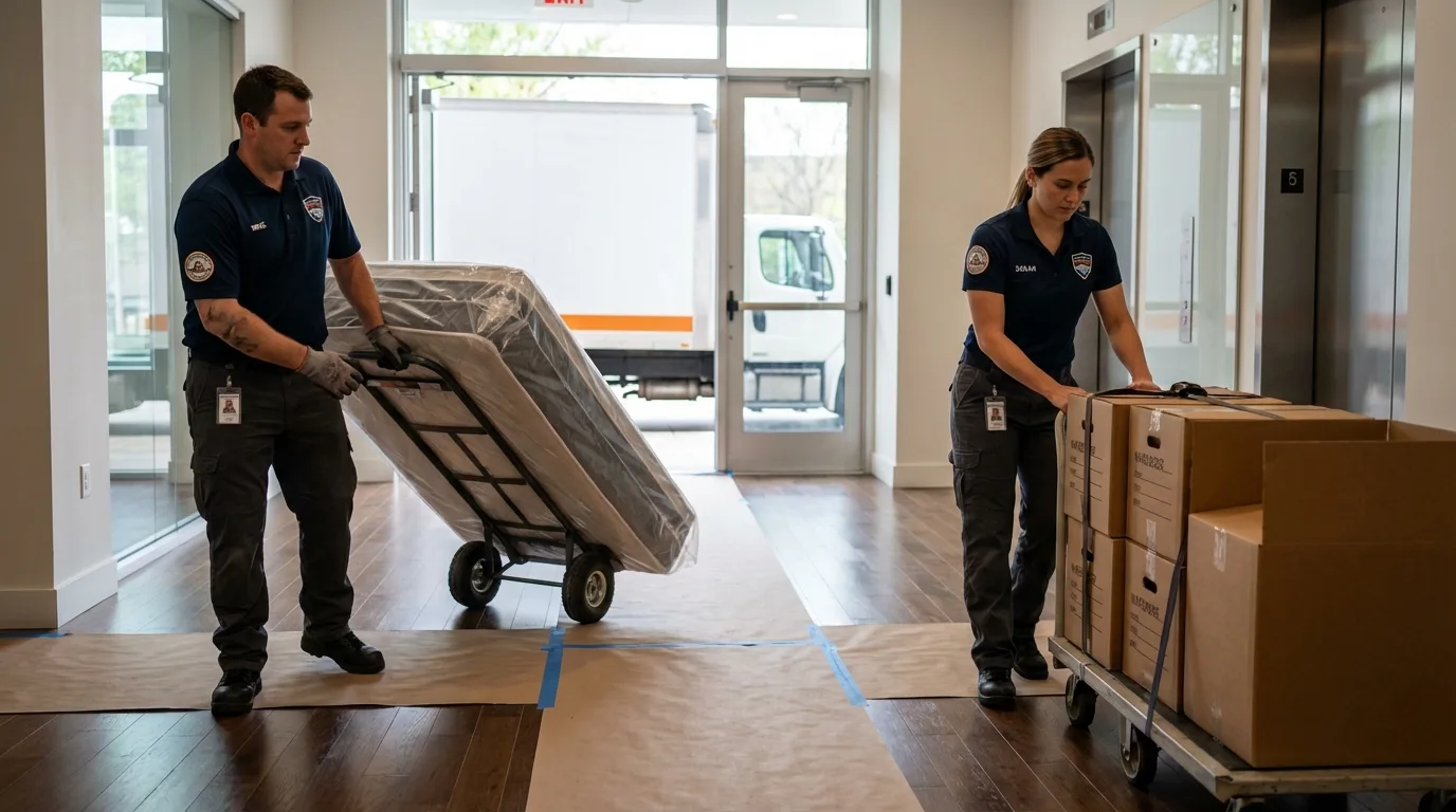Professional apartment movers loading elevator in Palo Alto, CA
