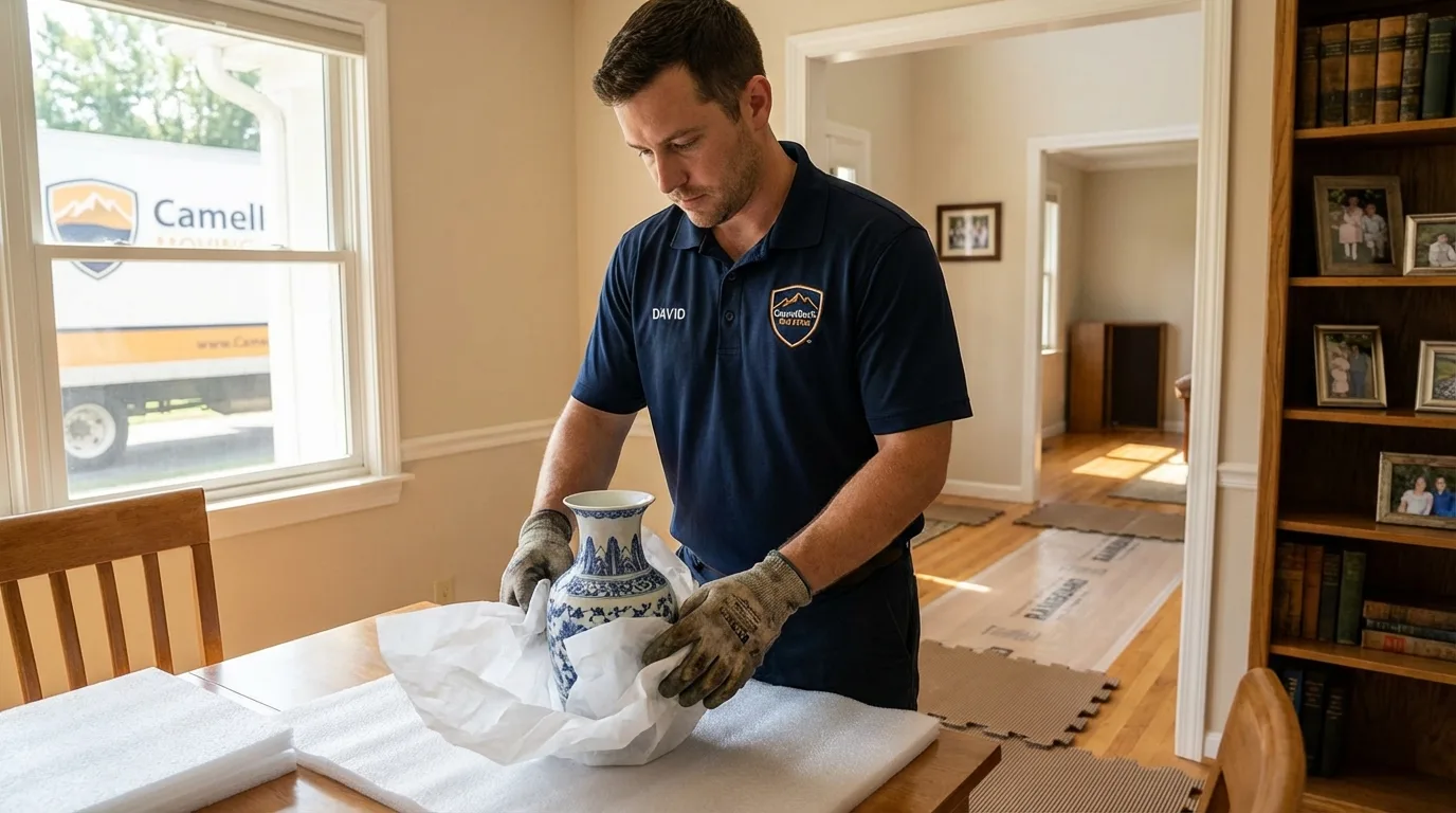 Professional crew carefully wrapping antique vase for senior downsizing move in Palo Alto, CA